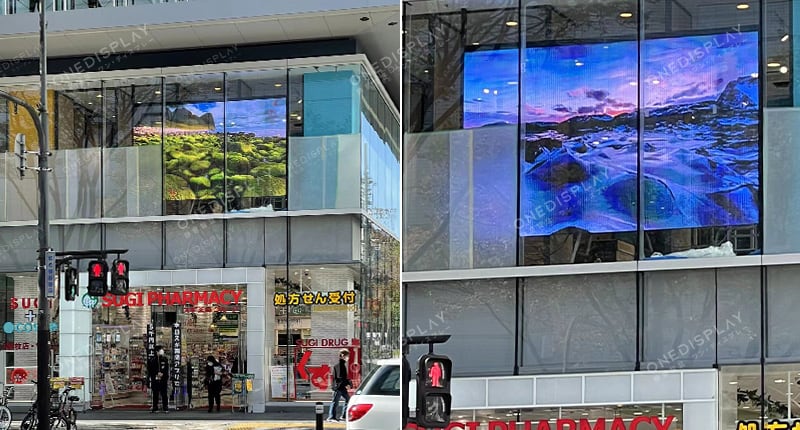 Instalação de LED transparente do OneDisplay na loja de departamentos Marui em Nagoya, Japão